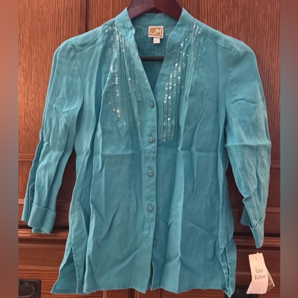 NWT JM Collection Cool Mix Linen Petite Button Down Pintuck Tunic Sequins Summer